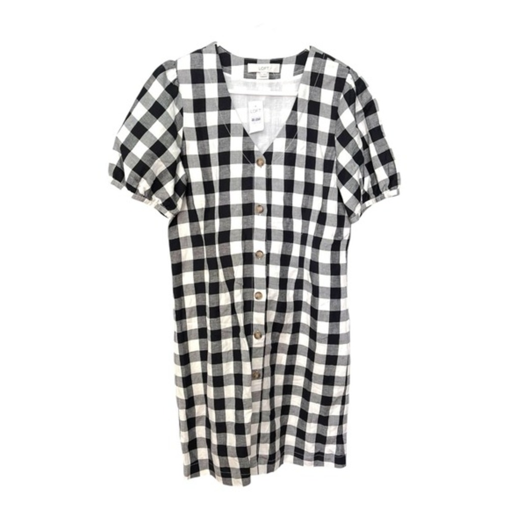 NEW LOFT 6 Black White‎ Gingham Button Puff Sleeve Linen Blend Dress Cottagecore